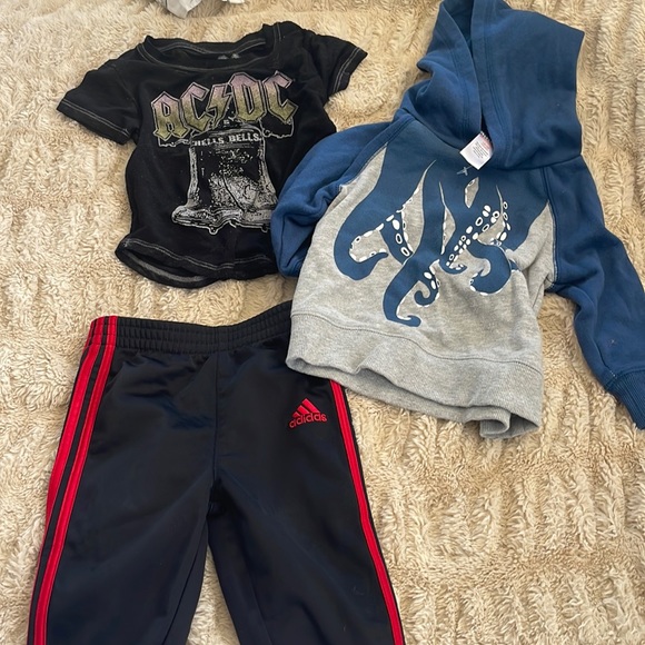 12 month lot. Adidas track pants, Gymboree sweatshirt, AC/DC shirt - Picture 1 of 2